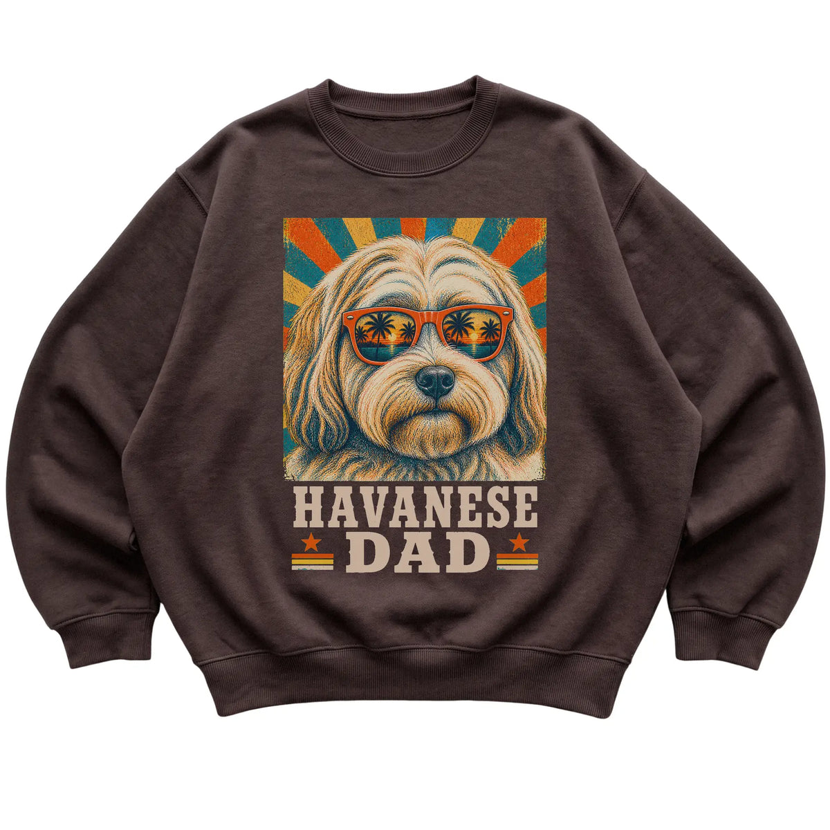 Retro Havanese Dad design on a Dark Chocolate crewneck sweatshirt