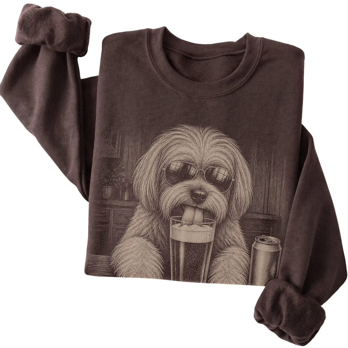 Dark Chocolate Havanese drinking from a pint at a bar, folded detail view