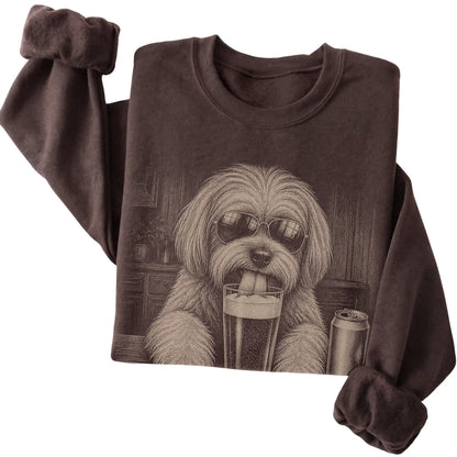 Dark Chocolate Havanese drinking from a pint at a bar, folded detail view