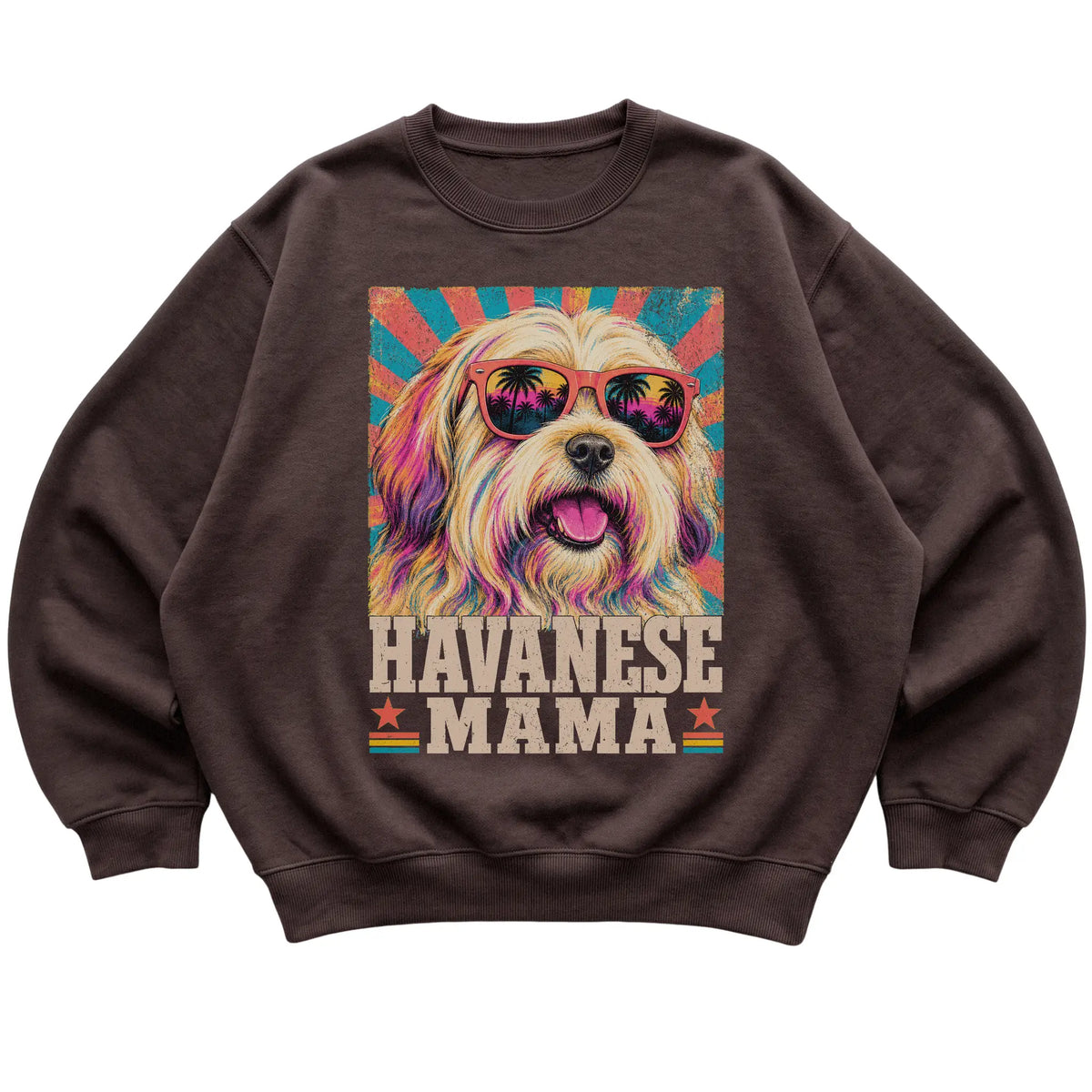 Retro Havanese Mama design on a Dark Chocolate crewneck sweatshirt