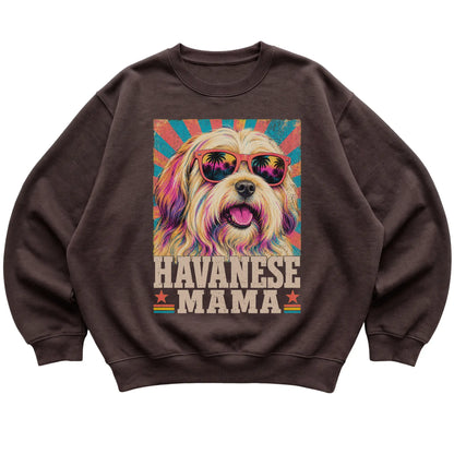 Retro Havanese Mama design on a Dark Chocolate crewneck sweatshirt