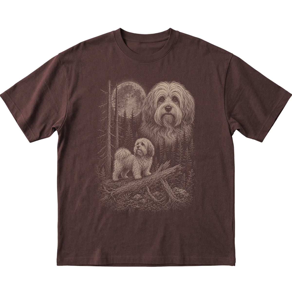 Havanese Moonlit Forest graphic on a dark chocolate Softstyle T-shirt laid flat