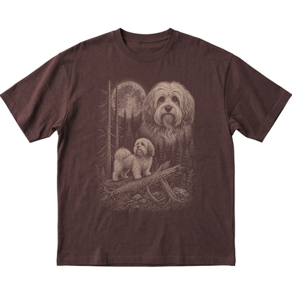 Havanese Moonlit Forest graphic on a dark chocolate Softstyle T-shirt laid flat
