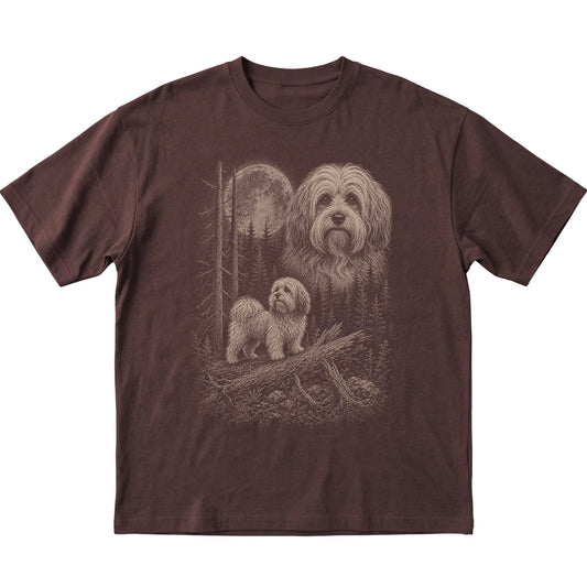 Havanese Moonlit Forest graphic on a dark chocolate Softstyle T-shirt laid flat