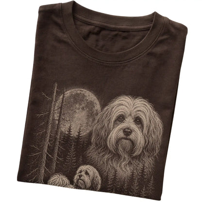 Folded dark chocolate Softstyle T-shirt showing the Havanese Moonlit Forest graphic