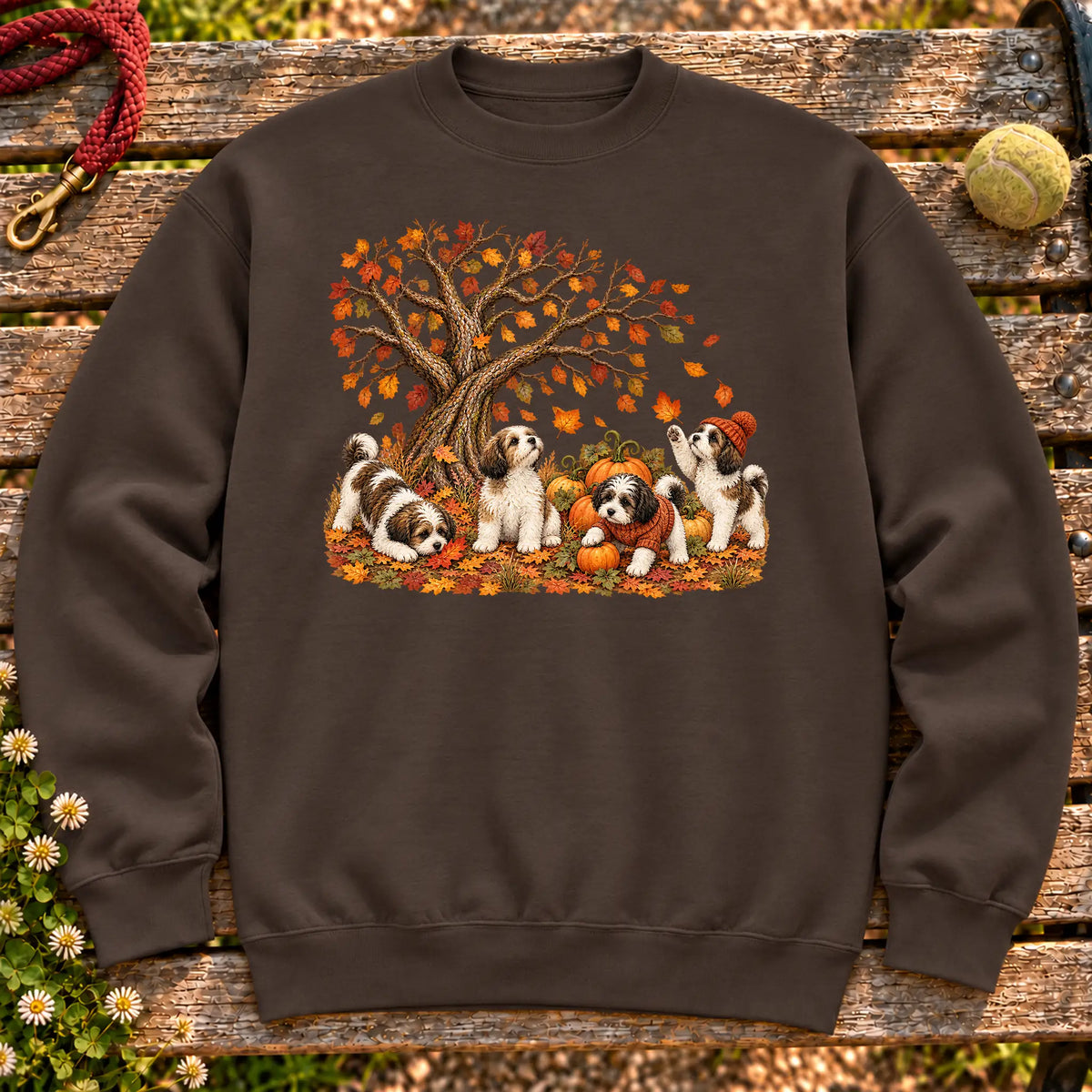 Four Havanese puppies with pumpkins beneath an autumn tree on a Dark Chocolate crewneck sweatshirt