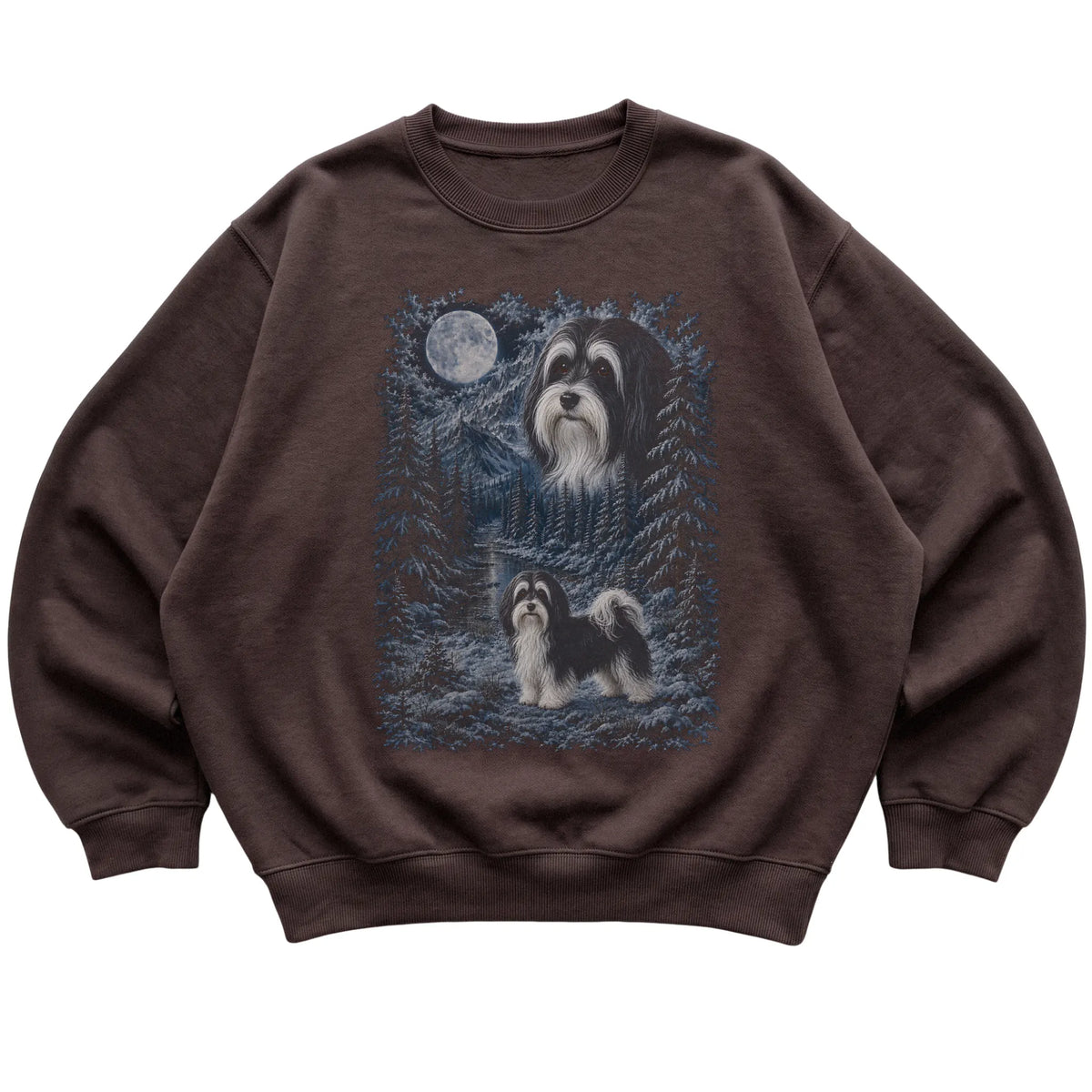 dark chocolate sweatshirt with Havanese Winter Moon artwork.