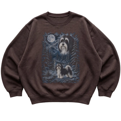 dark chocolate sweatshirt with Havanese Winter Moon artwork.