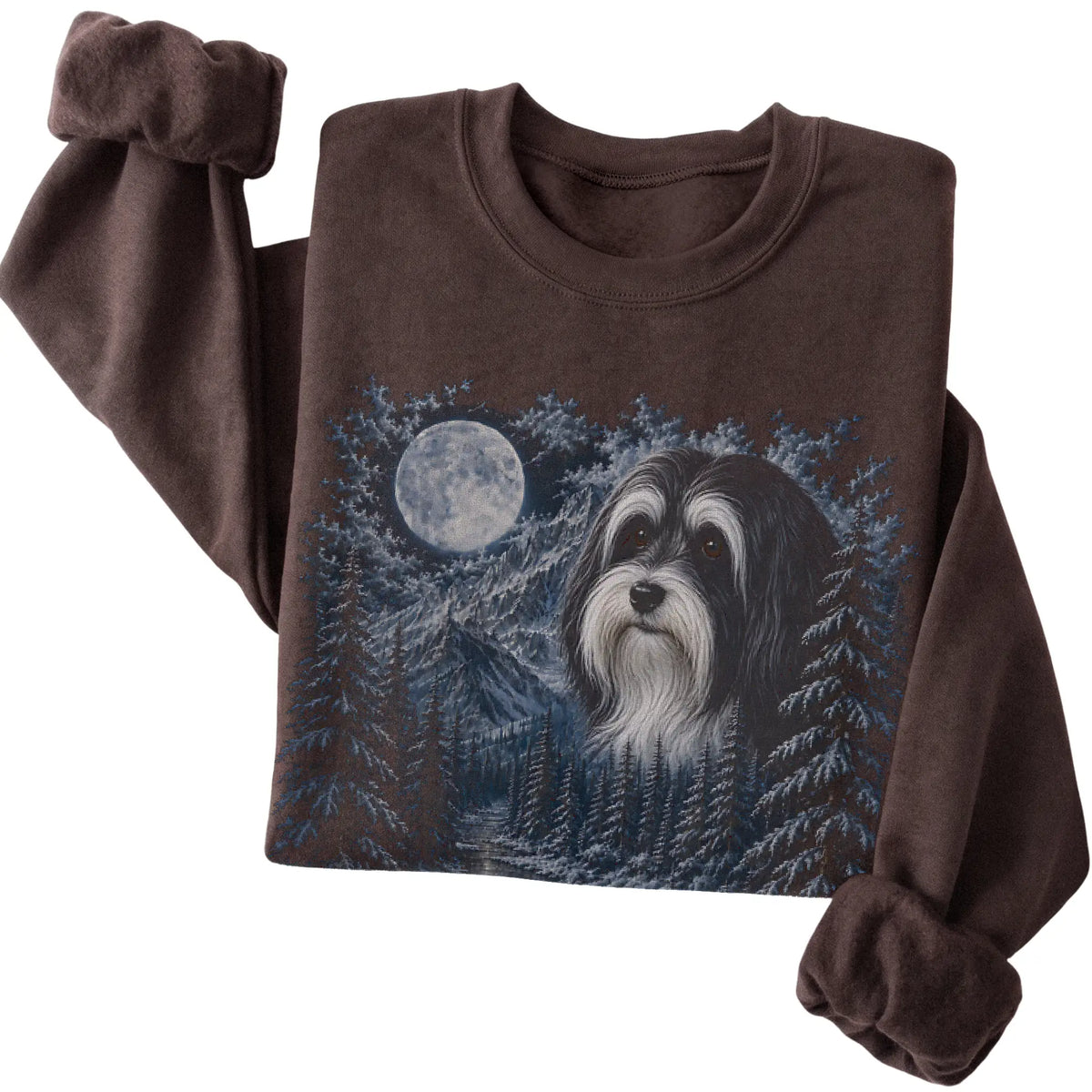 Folded dark chocolate sweatshirt with Havanese Winter Moon artwork.