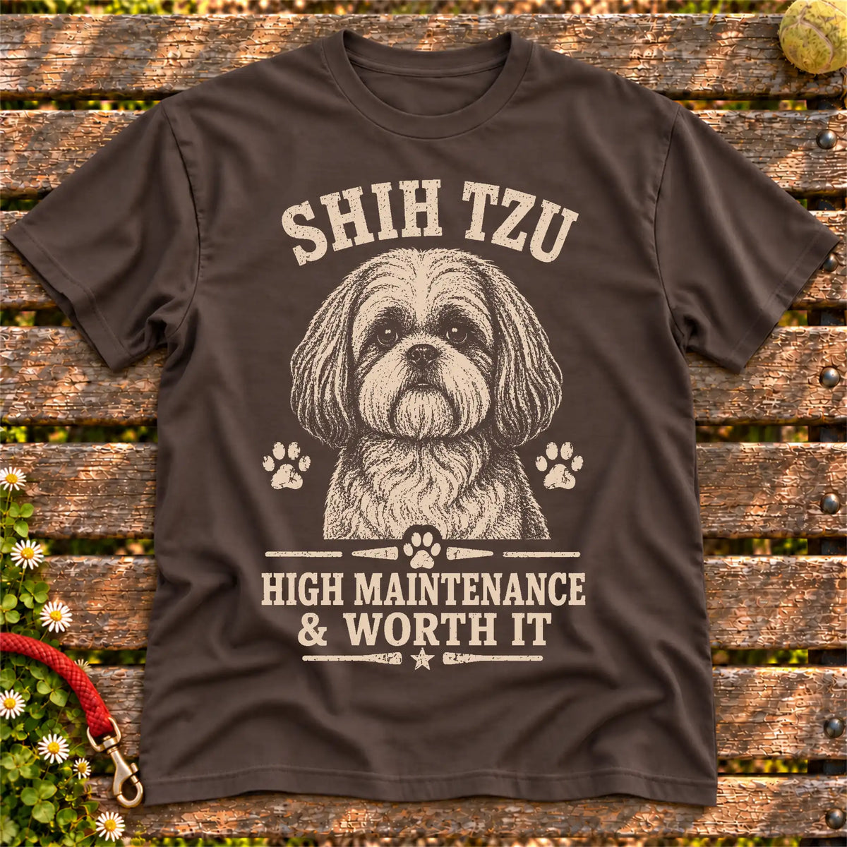 Dark Chocolate T-shirt featuring High Maintenance & Worth It - Shih Tzu, laid-flat presentation