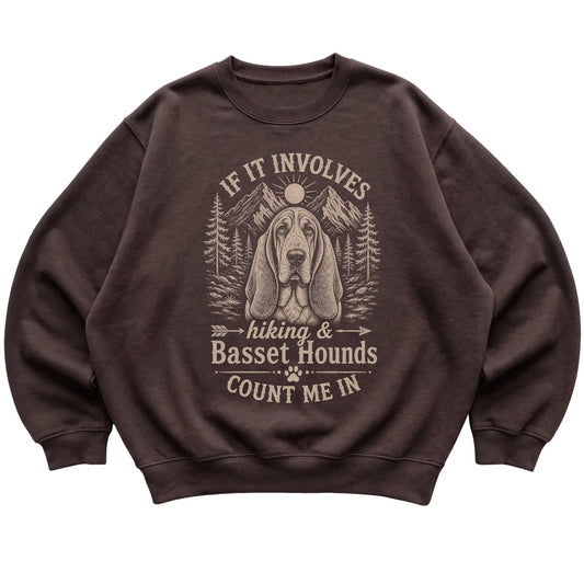 Dark Chocolate Hiking and Basset Hounds sweatshirt laid flat