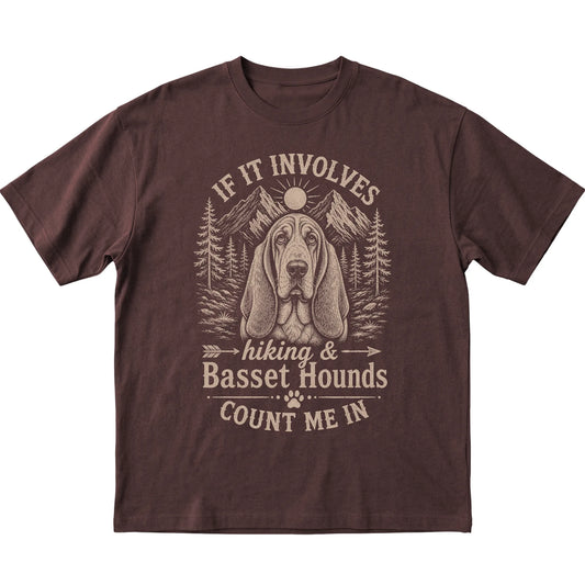 Dark Chocolate Hiking and Basset Hounds T-shirt laid flat