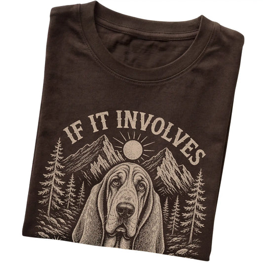 Dark Chocolate Hiking and Basset Hounds T-shirt folded to show the printed design