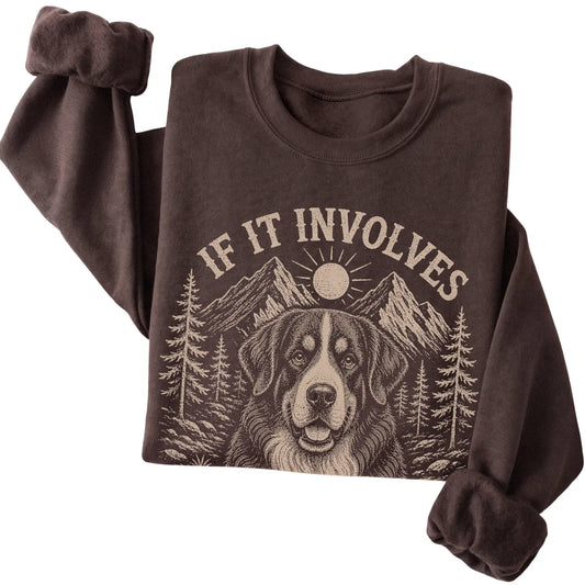 Dark Chocolate Hiking and Bernese Mountain Dogs sweatshirt folded to show the printed design