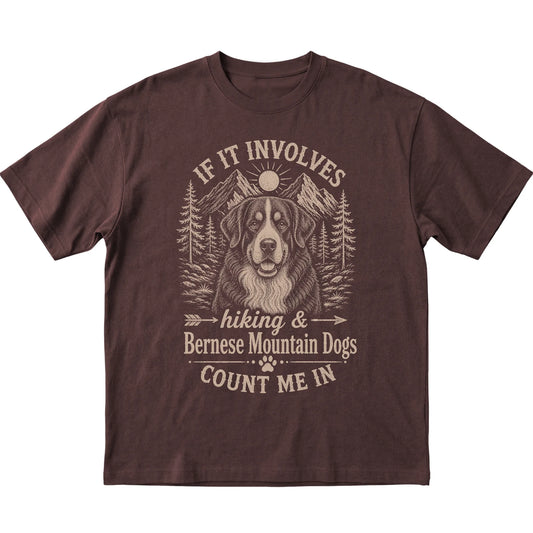 Dark Chocolate Hiking and Bernese Mountain Dogs T-shirt laid flat