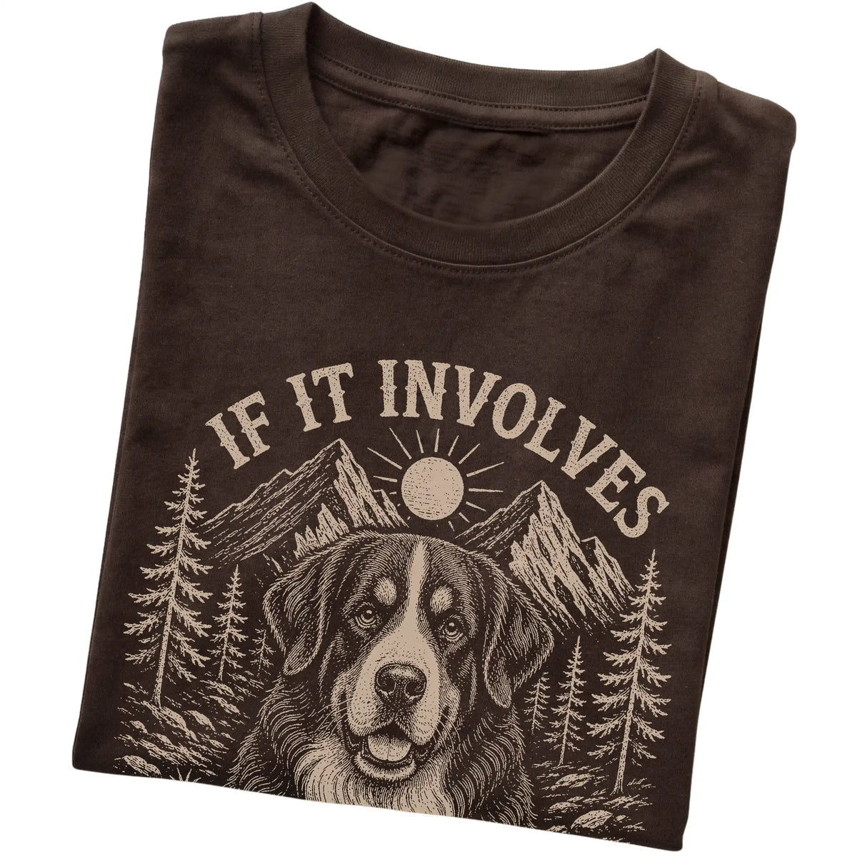 Dark Chocolate Hiking and Bernese Mountain Dogs T-shirt folded to show the printed design