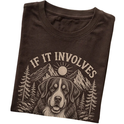 Dark Chocolate Hiking and Bernese Mountain Dogs T-shirt folded to show the printed design
