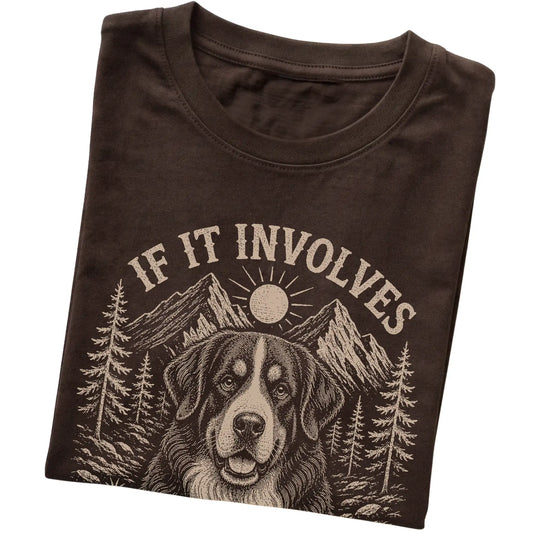 Dark Chocolate Hiking and Bernese Mountain Dogs T-shirt folded to show the printed design