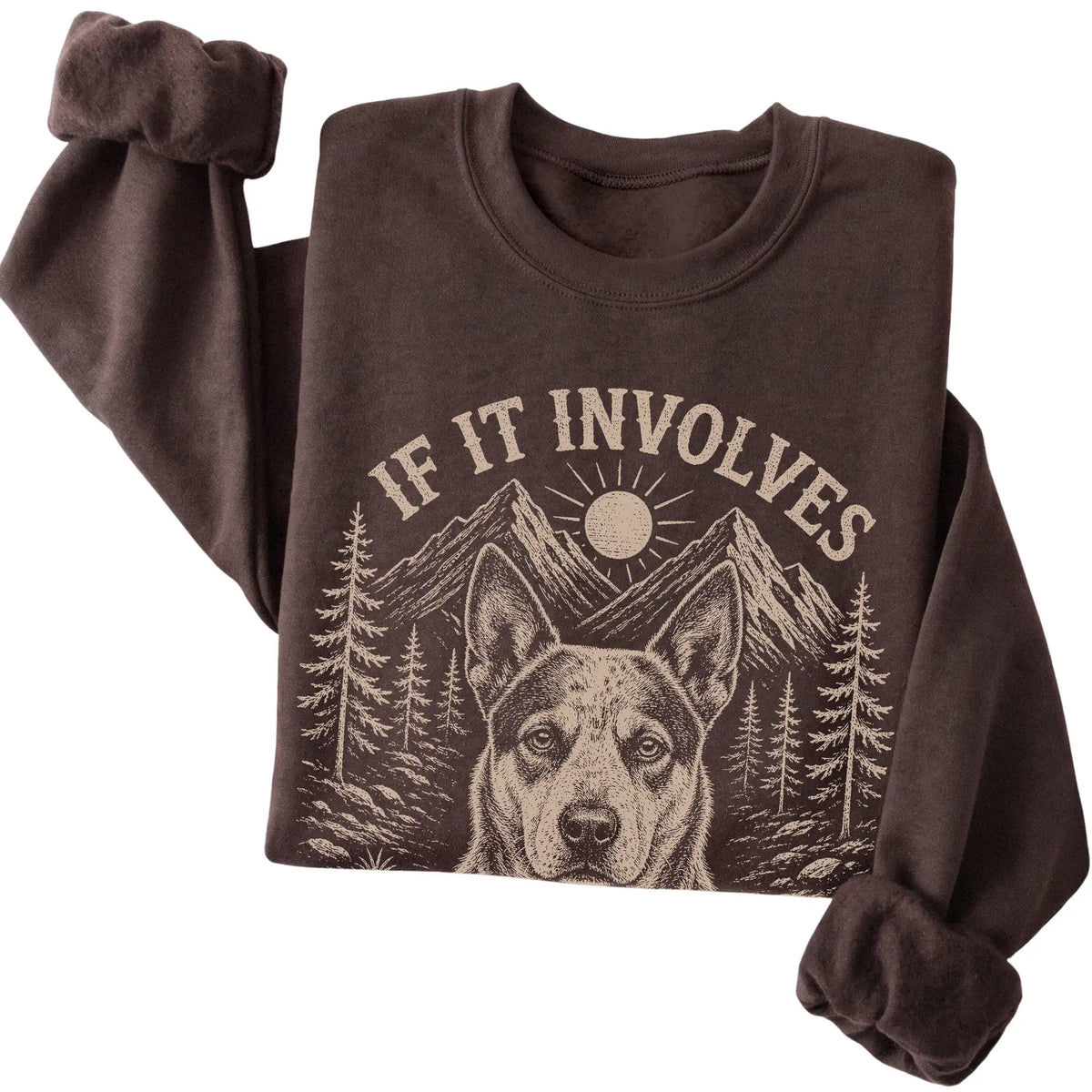Dark Chocolate Hiking and Blue Heelers sweatshirt folded to show the printed design