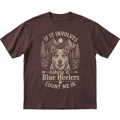 Dark Chocolate Hiking and Blue Heelers T-shirt laid flat