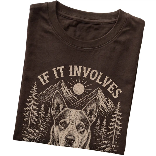 Dark Chocolate Hiking and Blue Heelers T-shirt folded to show the printed design