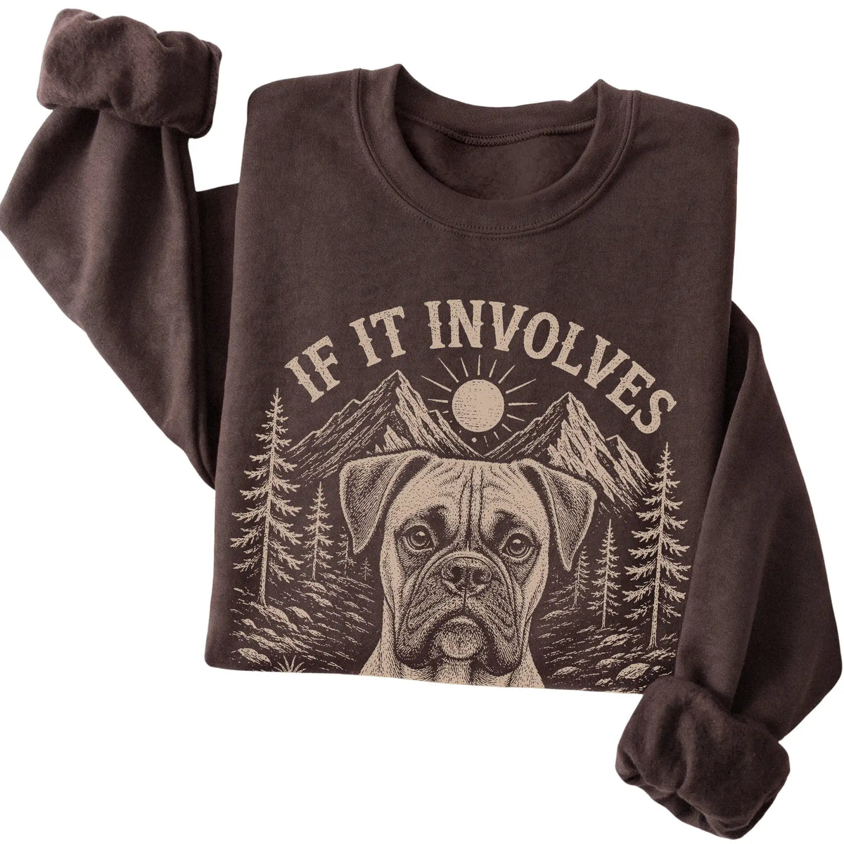 Dark Chocolate Hiking and Boxers sweatshirt folded to show the printed design