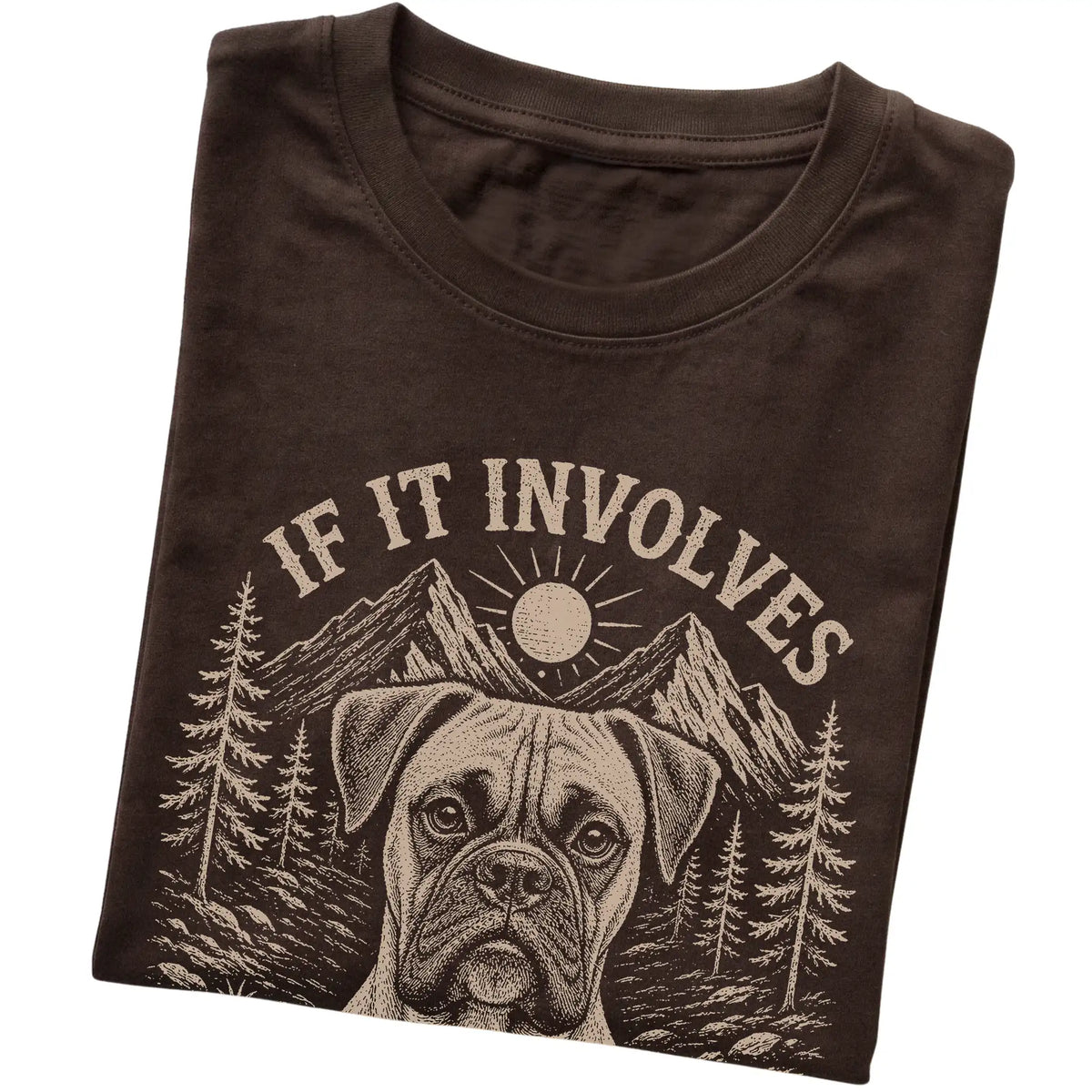 Dark Chocolate Hiking and Boxers T-shirt folded to show the printed design