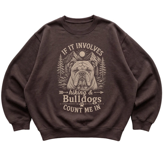 Dark Chocolate Hiking and Bulldogs sweatshirt laid flat