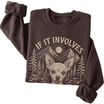 Dark Chocolate Hiking and Chihuahuas sweatshirt folded to show the printed design