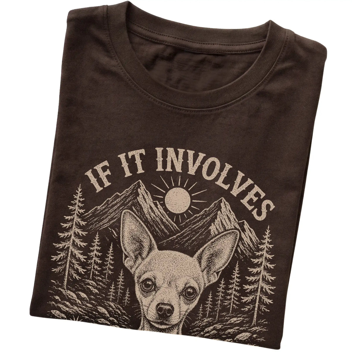 Dark Chocolate Hiking and Chihuahuas T-shirt folded to show the printed design
