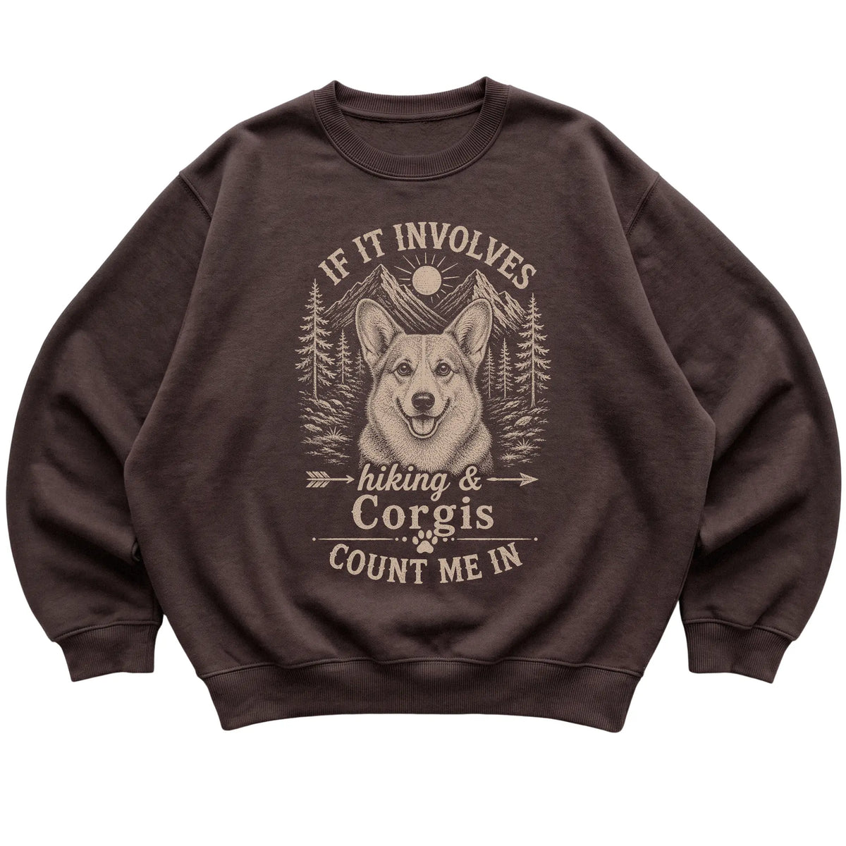 Dark Chocolate Hiking and Corgis sweatshirt laid flat