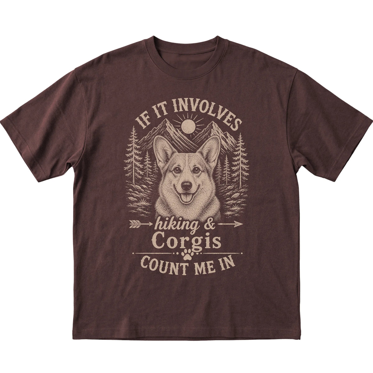 Dark Chocolate Hiking and Corgis T-shirt laid flat