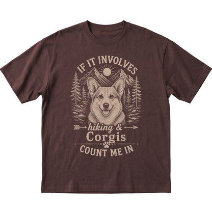 Dark Chocolate Hiking and Corgis T-shirt laid flat