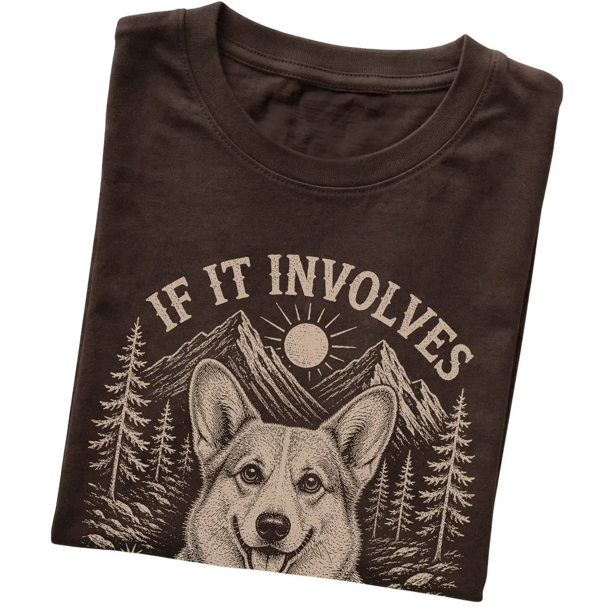 Dark Chocolate Hiking and Corgis T-shirt folded to show the printed design