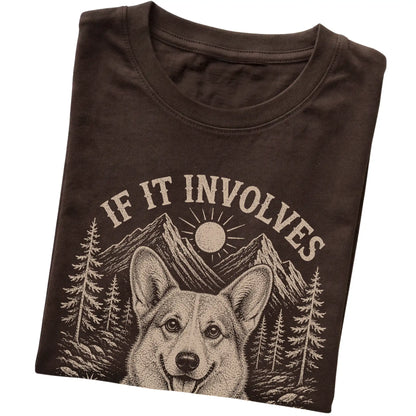 Dark Chocolate Hiking and Corgis T-shirt folded to show the printed design