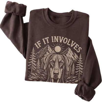 Dark Chocolate Hiking and Dobermans sweatshirt folded to show the printed design
