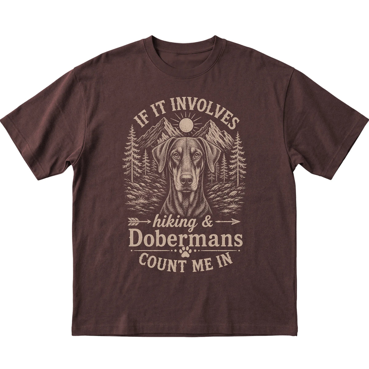 Dark Chocolate Hiking and Dobermans T-shirt laid flat