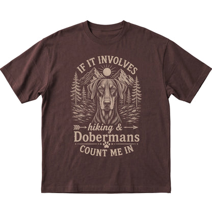 Dark Chocolate Hiking and Dobermans T-shirt laid flat