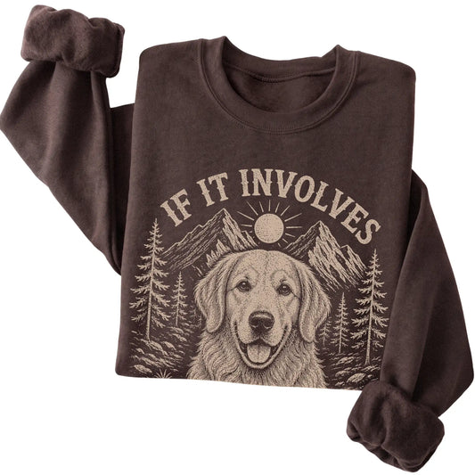 Dark Chocolate Hiking and Golden Retrievers sweatshirt folded to show the printed design