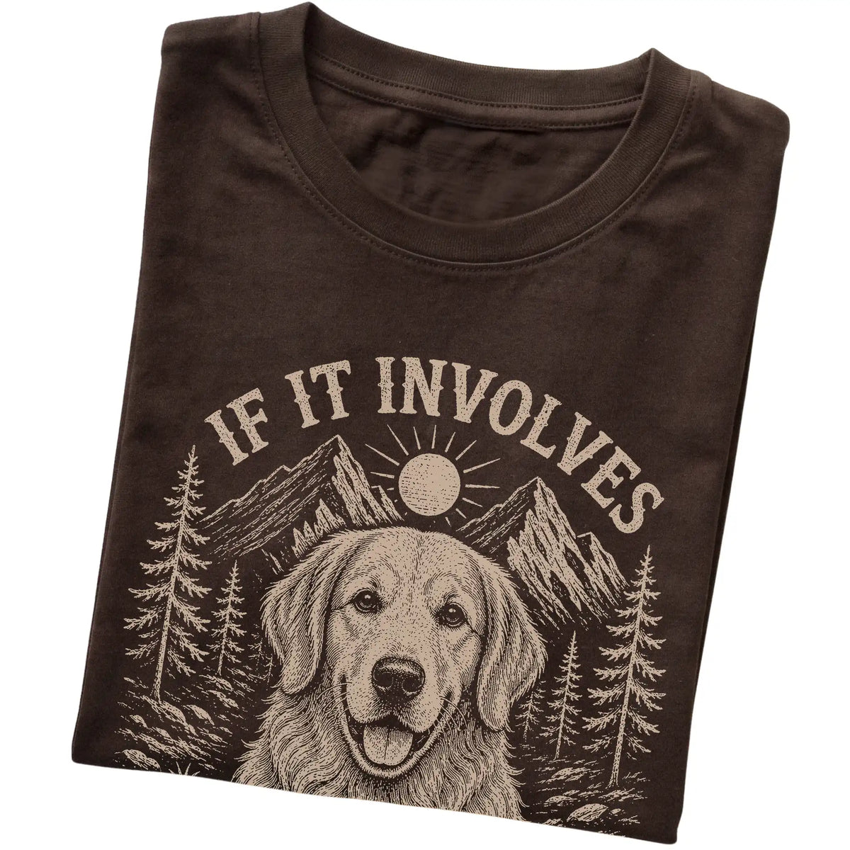 Dark Chocolate Hiking and Golden Retrievers T-shirt folded to show the printed design