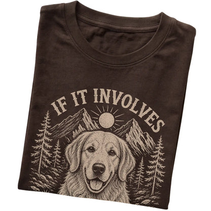 Dark Chocolate Hiking and Golden Retrievers T-shirt folded to show the printed design
