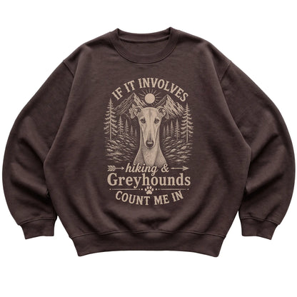 Dark Chocolate Hiking and Greyhounds sweatshirt laid flat