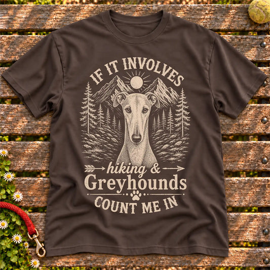 Greyhound Hiking and Greyhounds on a Dark Chocolate T-shirt, shown flat