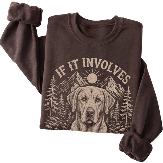 Dark Chocolate Hiking and Labrador Retrievers sweatshirt folded to show the printed design