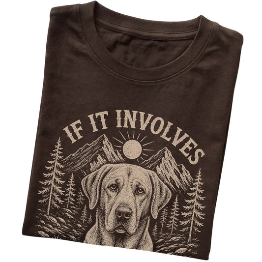 Dark Chocolate Hiking and Labrador Retrievers T-shirt folded to show the printed design