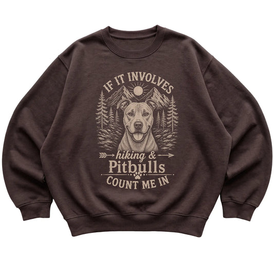 Dark Chocolate Hiking and Pitbulls sweatshirt laid flat