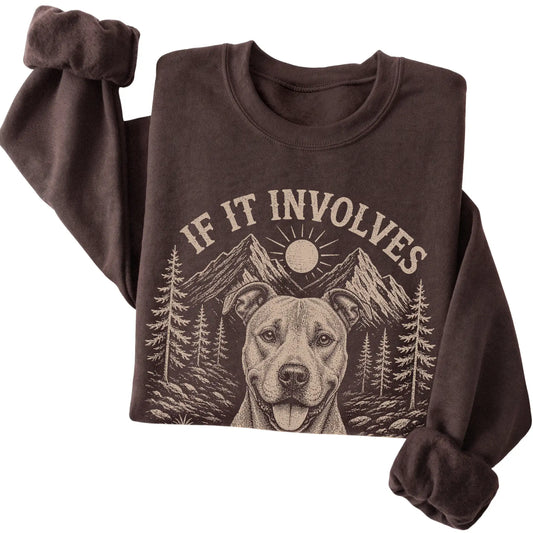 Dark Chocolate Hiking and Pitbulls sweatshirt folded to show the printed design