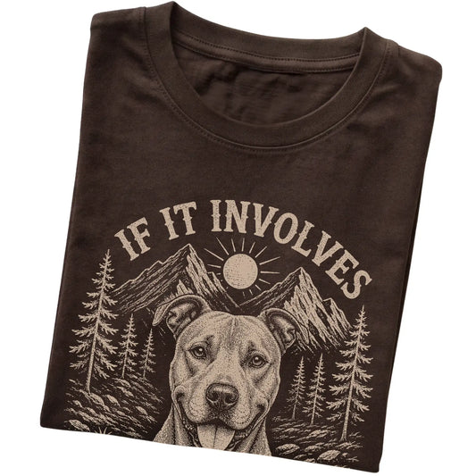 Dark Chocolate Hiking and Pitbulls T-shirt folded to show the printed design