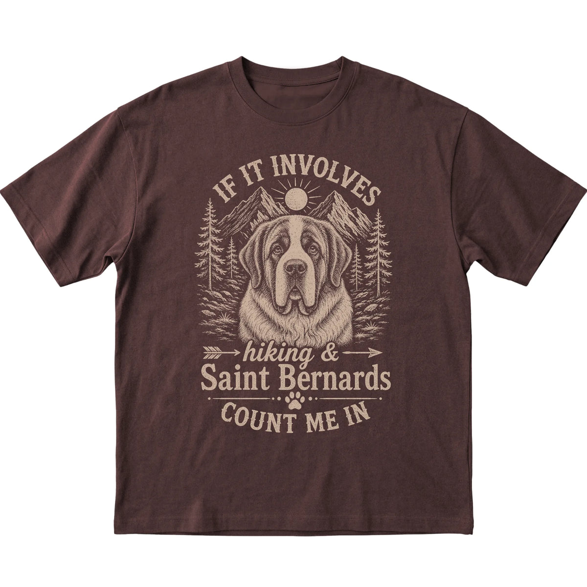 Dark Chocolate Hiking and Saint Bernards T-shirt laid flat