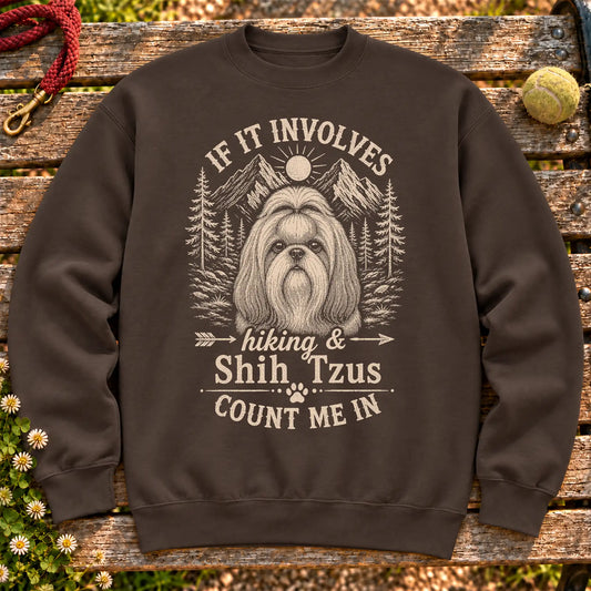 Shih Tzu Hiking and Shih Tzus on a Dark Chocolate crewneck sweatshirt, shown flat